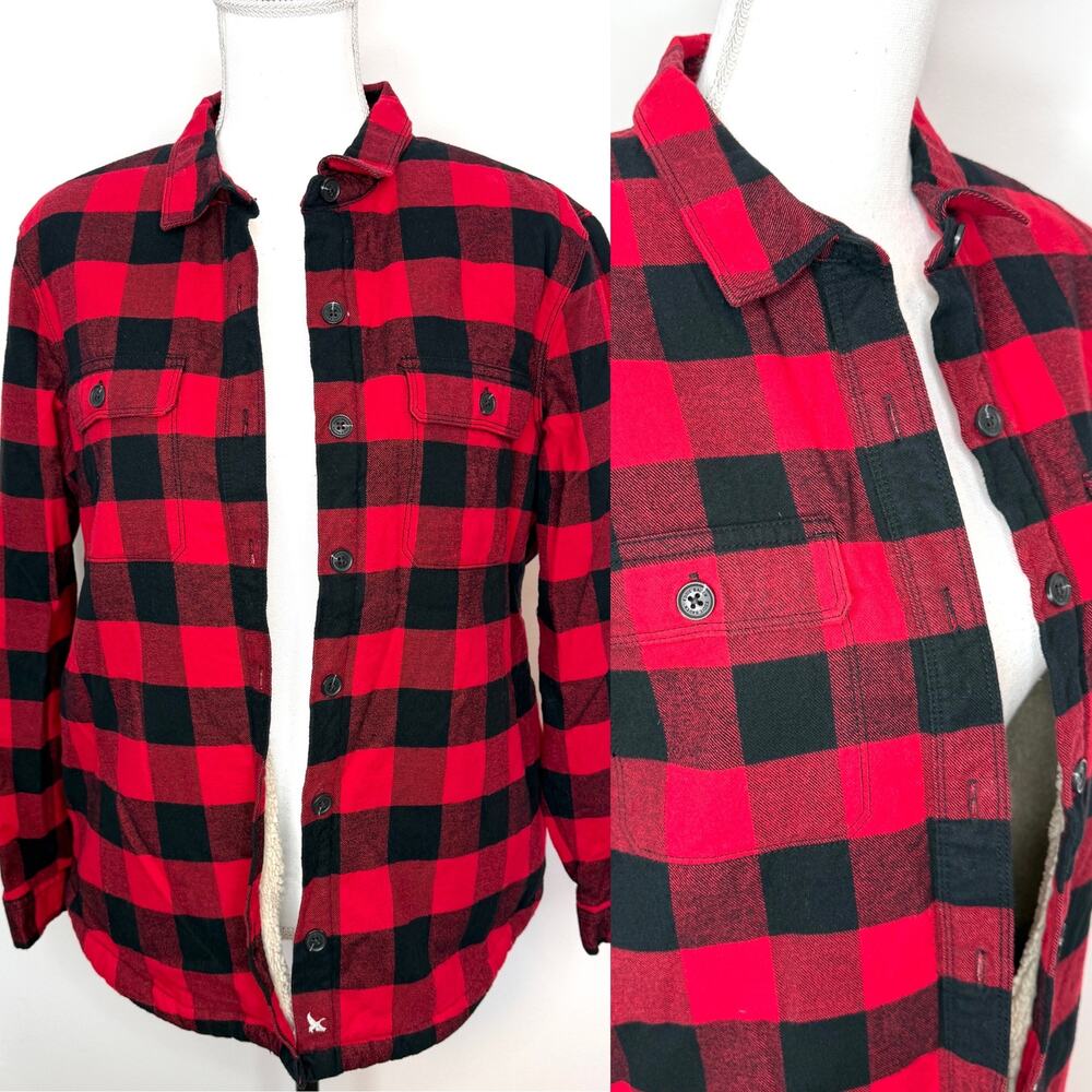 Eddie Bauer Buffalo Plaid Sherpa Lined Shacket Jacket Top Red Black Size Large